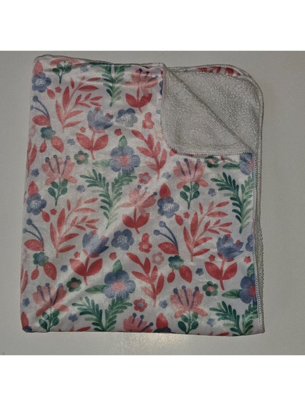 Pink Blue Green White Floral Print Baby Blanket Fleece Sherpa 119741 SL Home